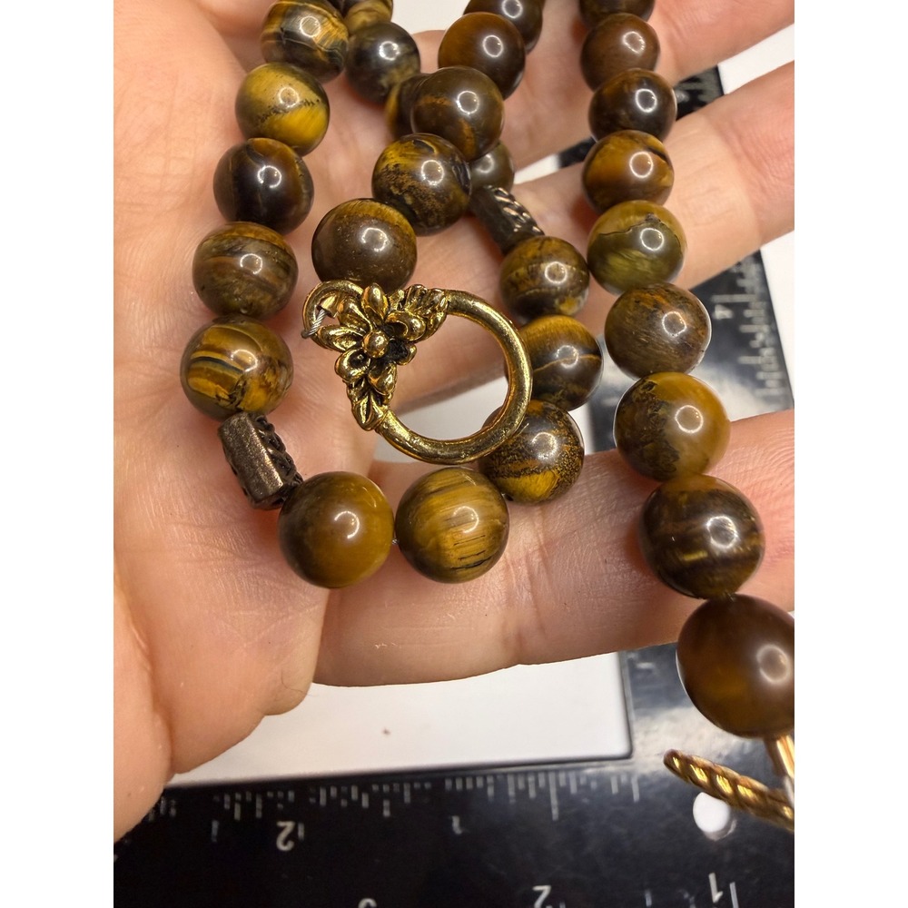 Natural Tigers Eye Bead Necklace Celtic Knot Spacers Gold Tone Floral Toggle 20"